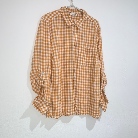 Beachlunchlounge gingham toffee mustard yellow white check roll tab shirt 2XL - Picture 1 of 12
